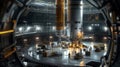 Inside a Futuristic Rocket Assembly Facility with Workers Royalty Free Stock Photo
