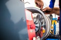 Inside a garage - changing wheels/tires Royalty Free Stock Photo