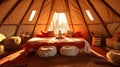Inside of glamping camping teepee