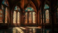 Inside Gothic abbey, stained glass windows illuminate spirituality generated by AI