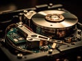 The inside of a hard drive with its spinning platters and read/write heads visible created with Generative AI Royalty Free Stock Photo