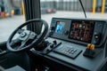 Inside a heavy machinery operator\'s cabin, a sophisticated control panel features a detailed digital interface and ergonomic Royalty Free Stock Photo