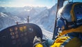 Inside helicopter photo of pilot in Rotorcraft cockpit flying over high altitude valleys mountains, glaciers and over 7000m peaks