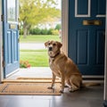 Inside a home, a medium-sized brown dog sits by an open blue door. The door has Royalty Free Stock Photo