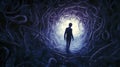 Inside a human mind, a person trapped in his own thoughts. Brain in the shape of a labyrinth. Mental problems