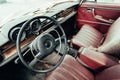 Inside interior of Old rusty grunge retro vintage car, abandoned auto Royalty Free Stock Photo