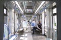 Inside of Izmir Tram, Only a few people is transporting with it because of coronavirus pandemi