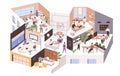 Inside large office with different rooms, work areas and spaces. Modern workspace interior with people. Company as big