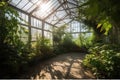 Inside large old abandoned greenhouse with plants. Generative AI