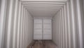 Inside large shipping container. Stock footage. View from inside locked cargo container with white striped iron walls
