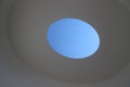 Inside the light installation `Sky-Space`. Optical illusion of a blue egg.