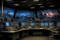 inside a lunar base control room with various monitors