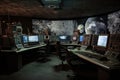 inside a lunar base control room with various monitors