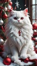 graceful white cat with red eyes, decorated with a red jeweled collar, created by Generative Ai