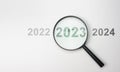 2024 inside of Magnifier glass on white background for focus current situation, black magnifier glass with 2024 year Royalty Free Stock Photo