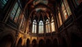 Inside the majestic basilica, the stained glass windows illuminate the dark chapel