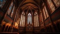 Inside the majestic Gothic abbey, stained glass windows illuminate spirituality