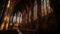 Inside the majestic gothic basilica, the illuminated stained glass window illuminates the altar Royalty Free Stock Photo