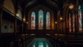 Inside the majestic Gothic style abbey, the illuminated stained glass windows illuminate the silent chapel generated by
