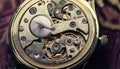 Inside mechanism, clockwork with working gears. Close-up, detailed.