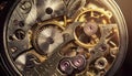 Inside mechanism, clockwork with working gears. Close-up, detailed.