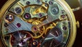 Inside mechanism, clockwork with working gears. Close-up, detailed.