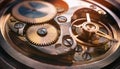 Inside mechanism, clockwork with working gears. Close-up, detailed.