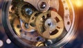 Inside mechanism, clockwork with working gears. Close-up, detailed.