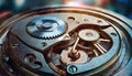 Inside mechanism, clockwork with working gears. Close-up, detailed.
