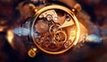 Inside mechanism, clockwork with working gears. Close-up, detailed.