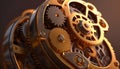 Inside mechanism, abstract clockwork with working gears. Close-up, detailed. Generative AI Royalty Free Stock Photo