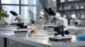 Modern medical laboratory featuring advanced microscopes and organized workstations for scientific research and analysis Royalty Free Stock Photo