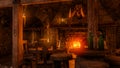 Inside a medieval tavern with round tables lit by candles and a burning open fireplace. 3D illustration Royalty Free Stock Photo