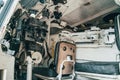 Inside military combat vehicle, gunner`s seat with seat and instruments