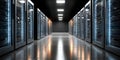 Inside a Modern Data Center Facility with Dark Corridors and Advanced IT Equipment Installation Royalty Free Stock Photo
