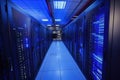 Inside a modern data center terminal with server racks and advanced cloud computing technology