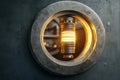 Inside a modern facility, industrial equipment functions with a glowing light within a metal chamber Royalty Free Stock Photo