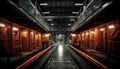 Inside a modern factory, steel machinery illuminates the empty corridor generated by AI Royalty Free Stock Photo