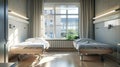 Inside a modern hospital room, two beds sit beside a window, offering a peaceful view Royalty Free Stock Photo