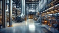 Inside a modern industrial factory, workers in hard hats navigate a complex array of machinery and gleaming pipes, exemplifying