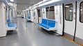 Inside a modern train, empty seats are lined up, offering a clean and comfortable space for passengers to enjoy their journey Royalty Free Stock Photo
