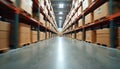 Inside modern warehouse with blurry moving boxes on racks. Swift logistics, supply chain movement. Interior of storage commerce, Royalty Free Stock Photo