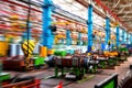 Inside Moving Assembly Line of the Large industrial shop truck plant. Royalty Free Stock Photo
