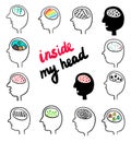 Inside my head hand drawn set of different heads with brains