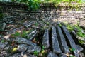 Inside Nan Madol: walls, and secret underground room. Overgrown ruins in the jungle, Pohnpei, Micronesia, Oceania.