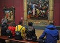 Inside National Gallery Museum in London, looking at Renaissance paintings