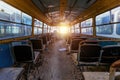 Inside old abandoned rusty wrecked bus or trolleybus