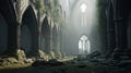 Inside old abbey ruins, mystical landscape. Generative AI