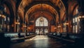 Inside the old cathedral, the gothic architecture illuminates the altar generated by AI