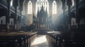 Inside an old catholic church created with Generative AI. Sunrays falling through big windows.